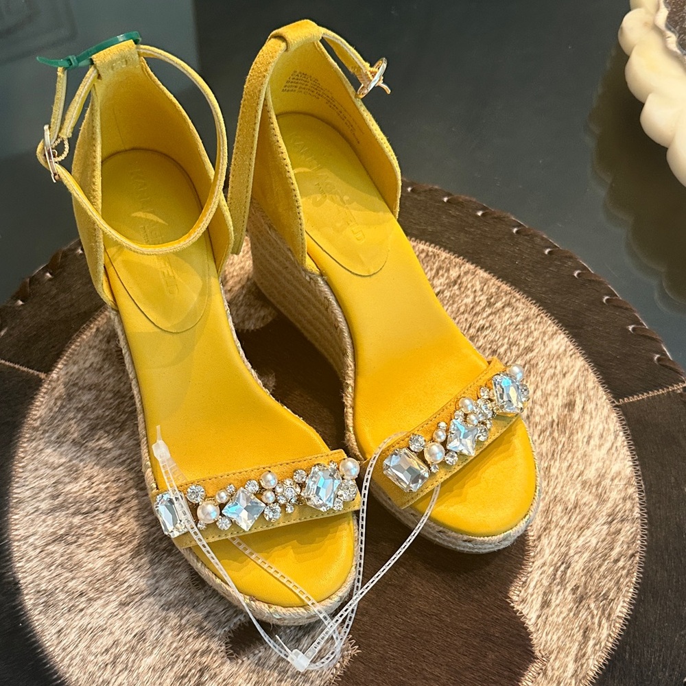 Karl Lagerfeld Yellow Espadrille Wedges with Gems